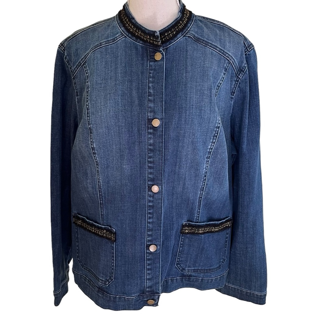 Chico's Premium Denim Jacket with Black/Gold Braid Trim 3(16/18)